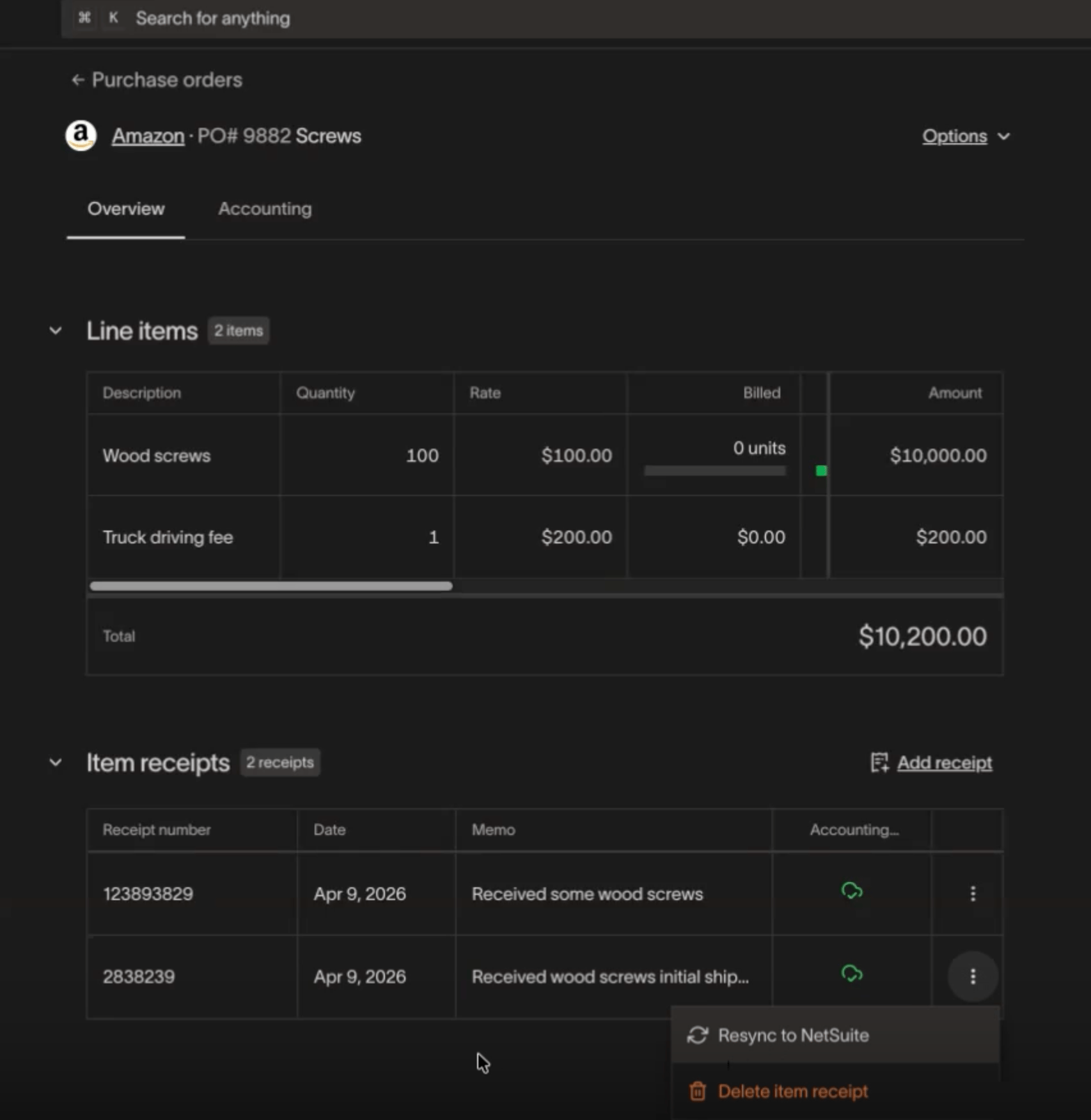 Item receipt context menu showing Resync to NetSuite option for previously synced receipts