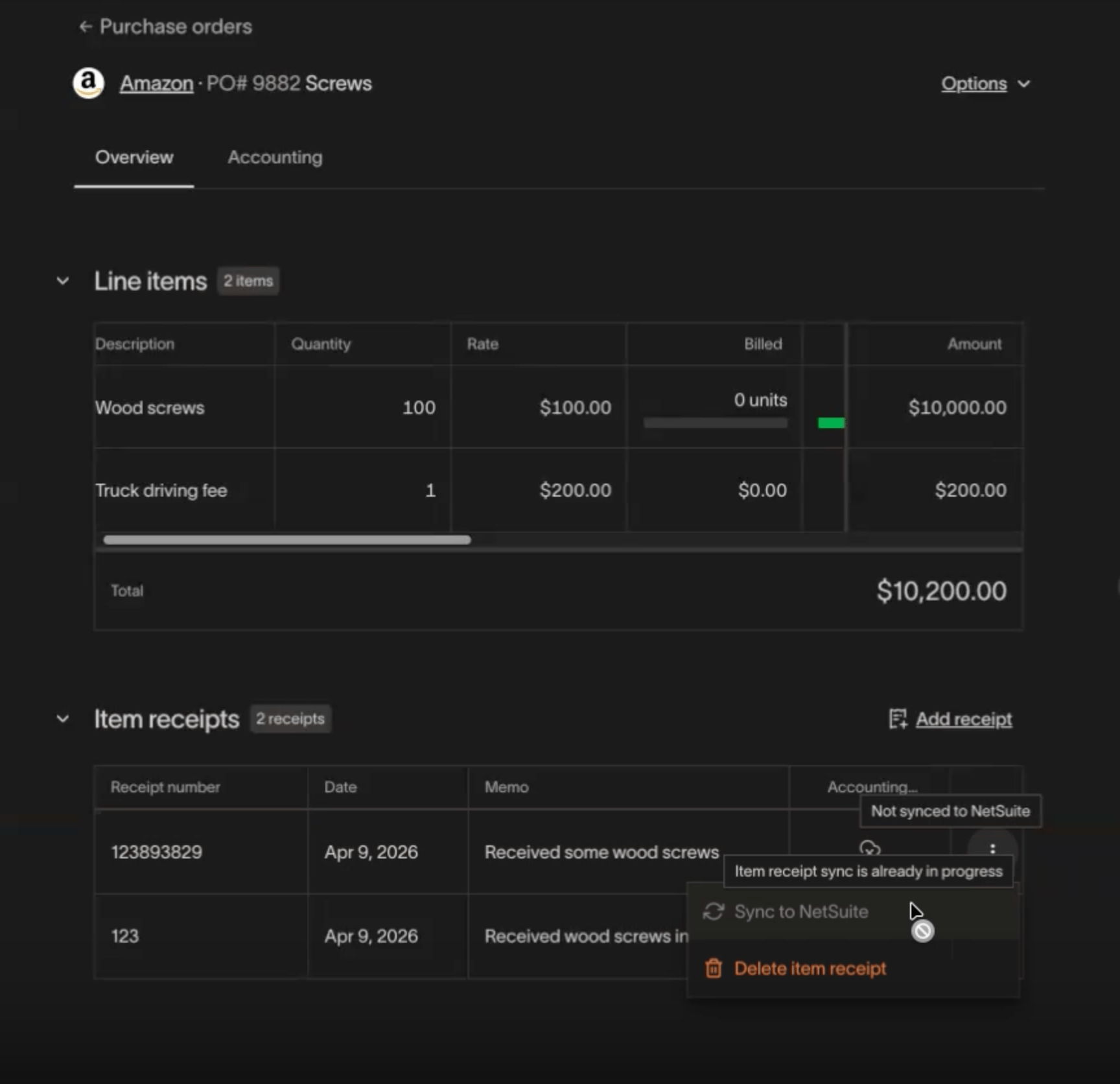 Item receipt row context menu showing Sync to NetSuite option with sync already in progress on another receipt