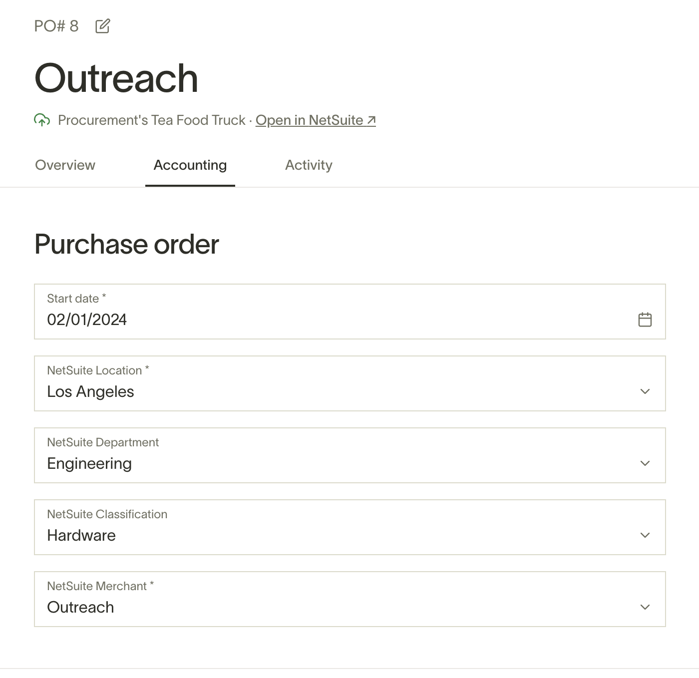 PO Accounting tab showing start date, NetSuite location, department, classification, and merchant fields