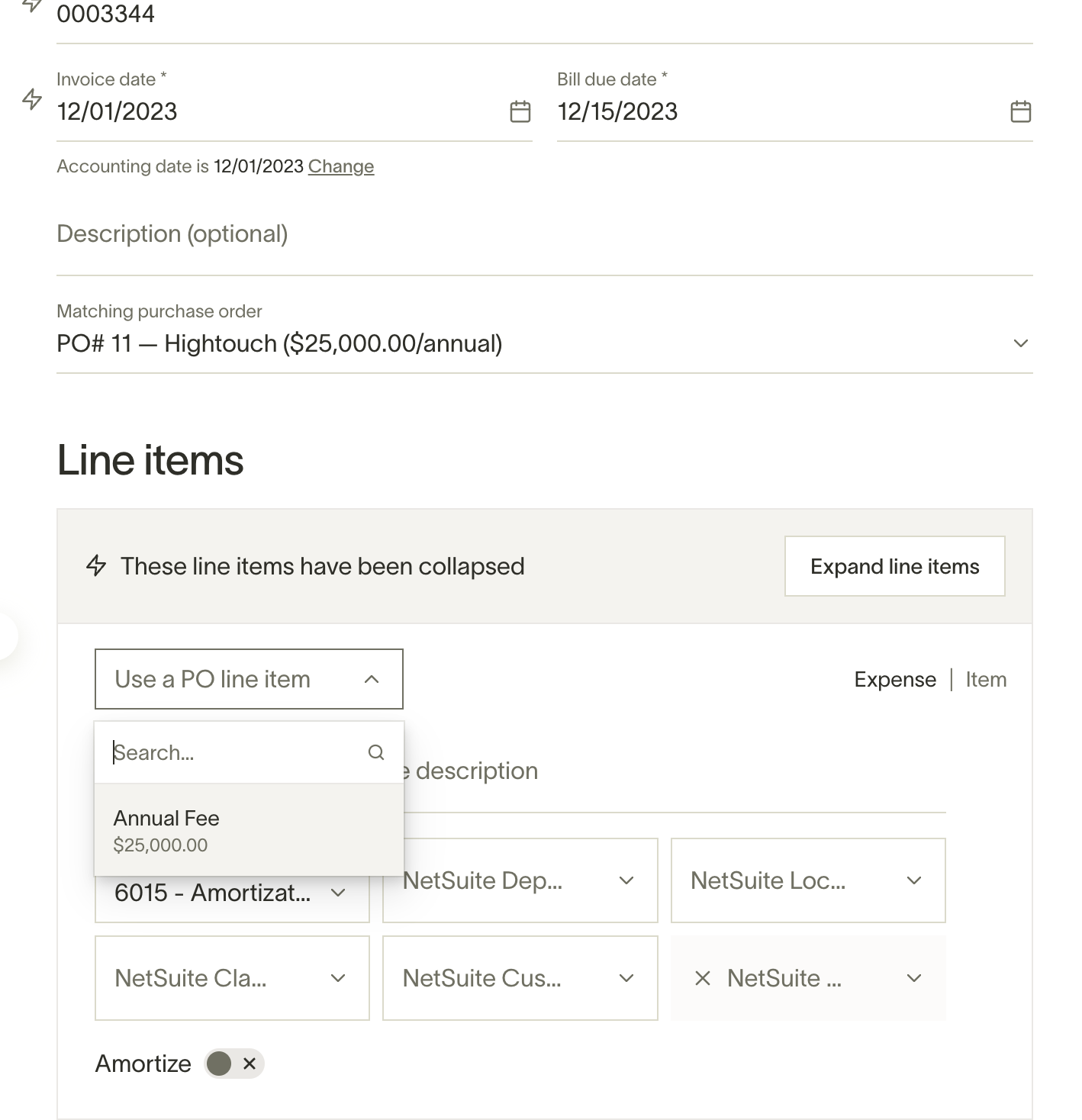 Bill with matched PO showing line item mapping and accounting field coding from the purchase order