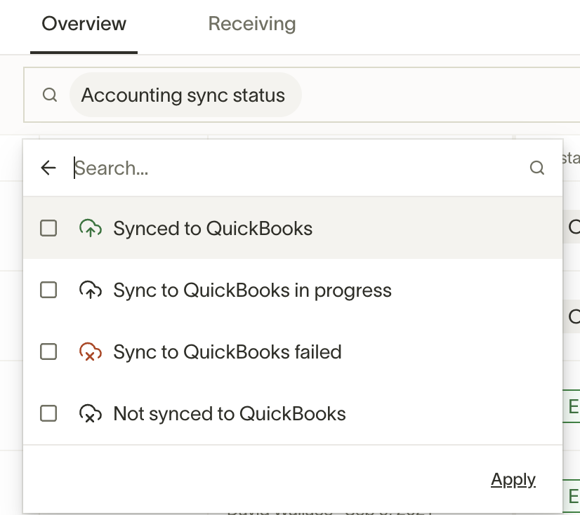Accounting sync status filter showing sync states: synced, in progress, failed, and not synced