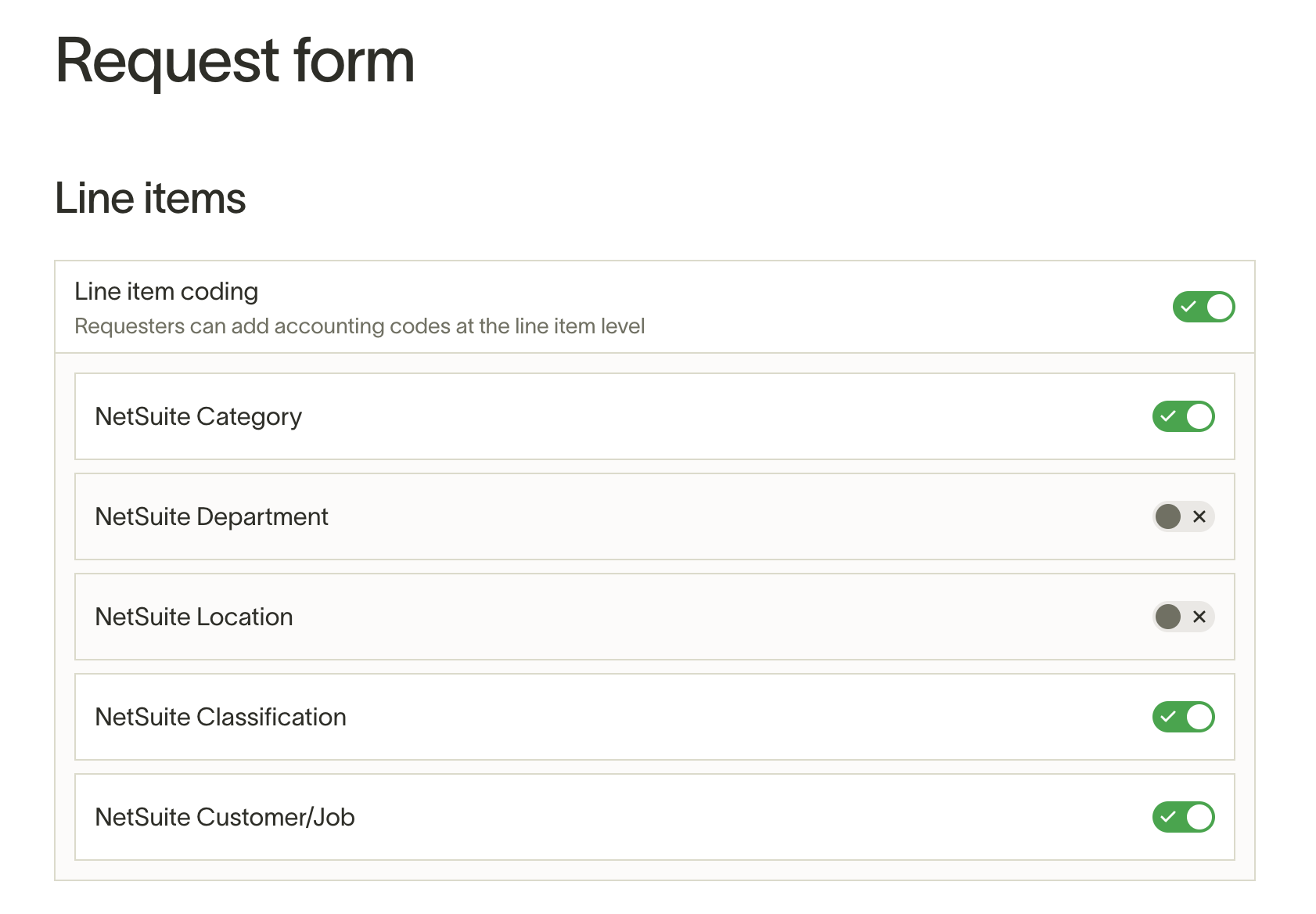 Request form line item coding settings with NetSuite accounting fields toggled on and off