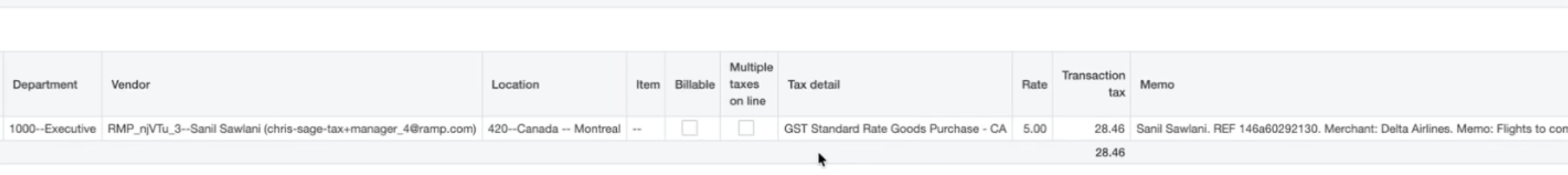 Tax detail entry in a financial application showing vendor, location, item, rate, and transaction tax information.