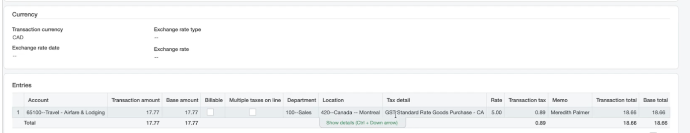 Currency settings for CAD with exchange rate details; transaction entries with account and amount information displayed.