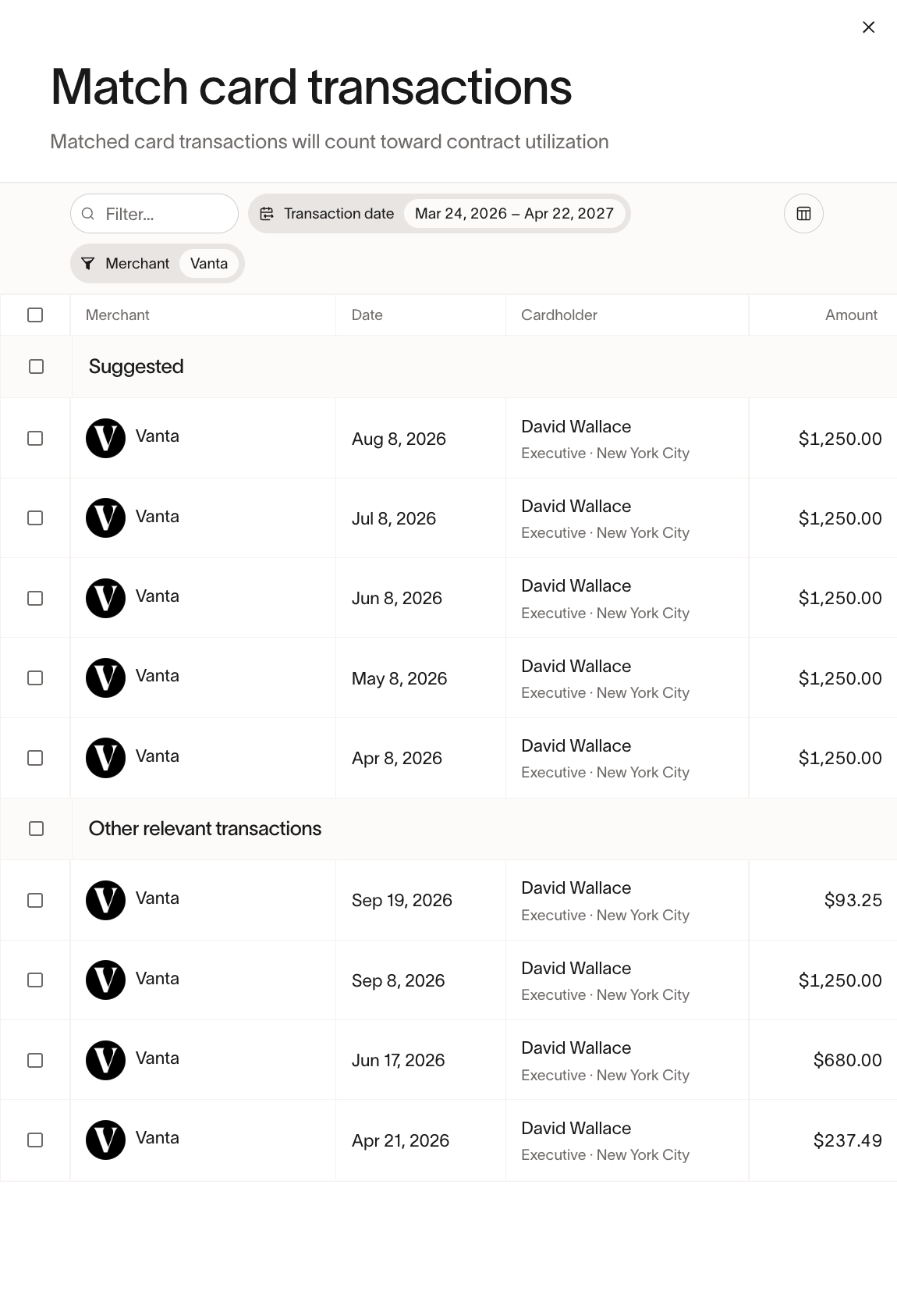 Match card transactions drawer filtered by merchant and transaction date, with transactions grouped under Suggested and Other relevant transactions