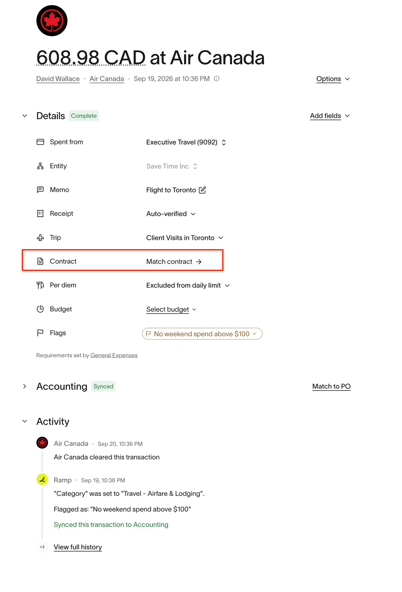 Transaction page Details section with the Contract row highlighted, showing the Match contract action