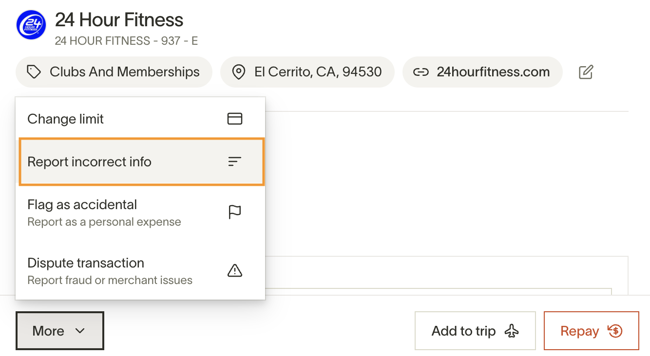 Transaction action menu with Report incorrect info option highlighted