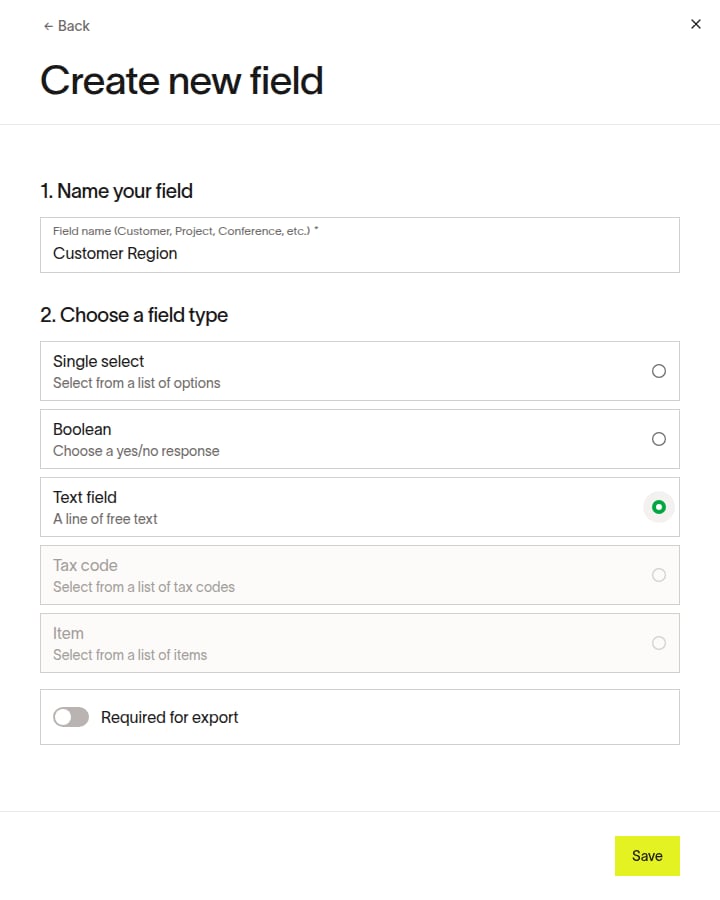Create new field dialog with Text field selected, Required for export toggle, and Save button