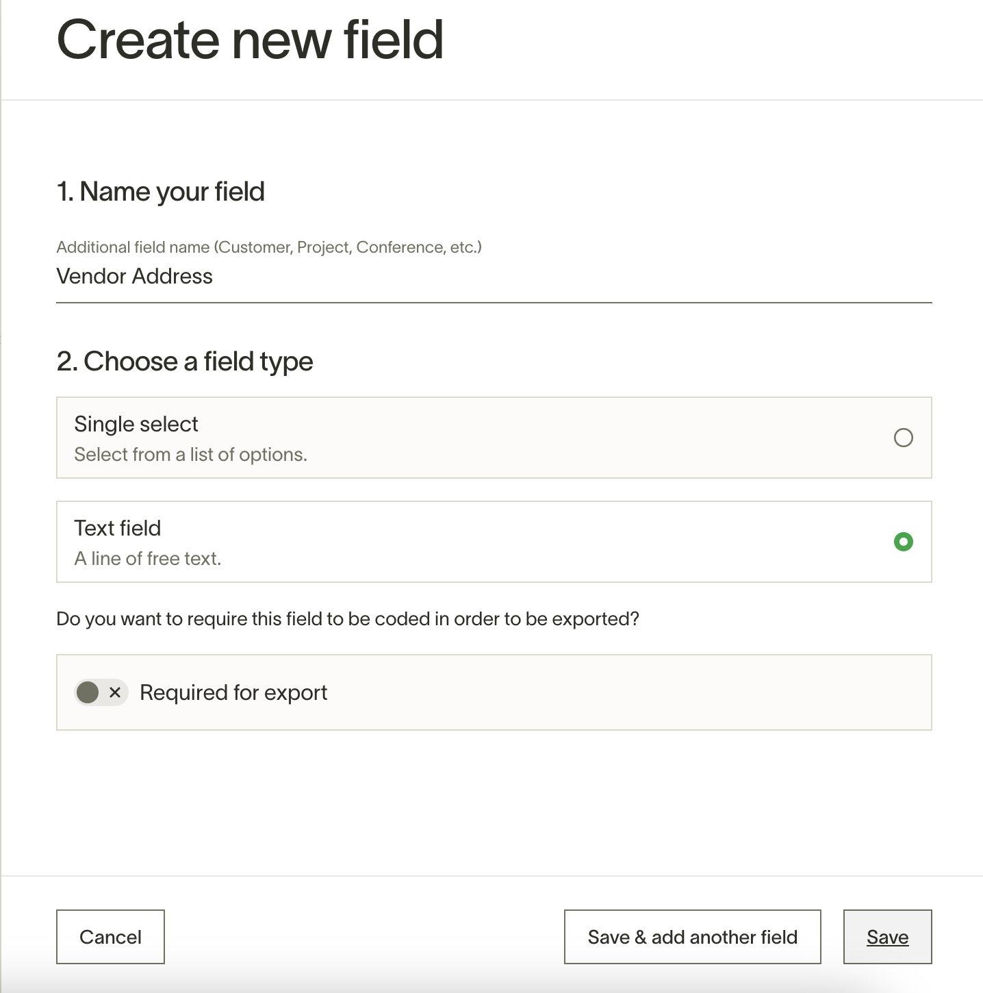 Create new field dialog with text field type selected and Required for export toggle