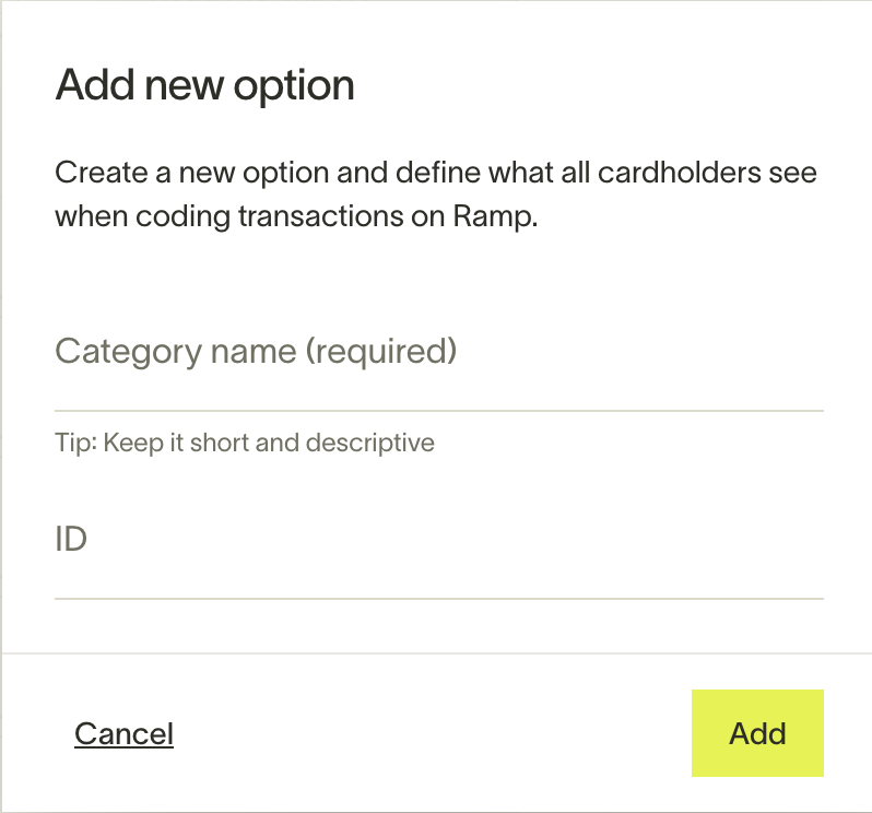 Add new option dialog with category name and ID fields