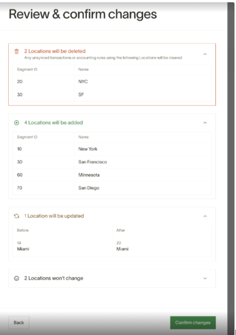 Review and confirm changes page showing locations to be added, updated, and deleted