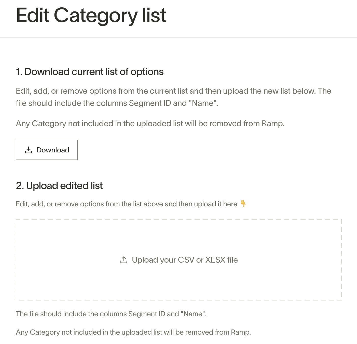 Edit Category list page with download current options and upload edited list sections