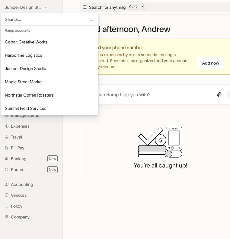 Account switcher dropdown in the left-side navigation showing a search box and six Ramp businesses