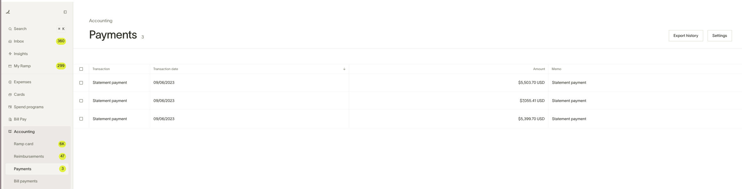 Payments section showing transaction details including date, amount, and memo for recent transactions.