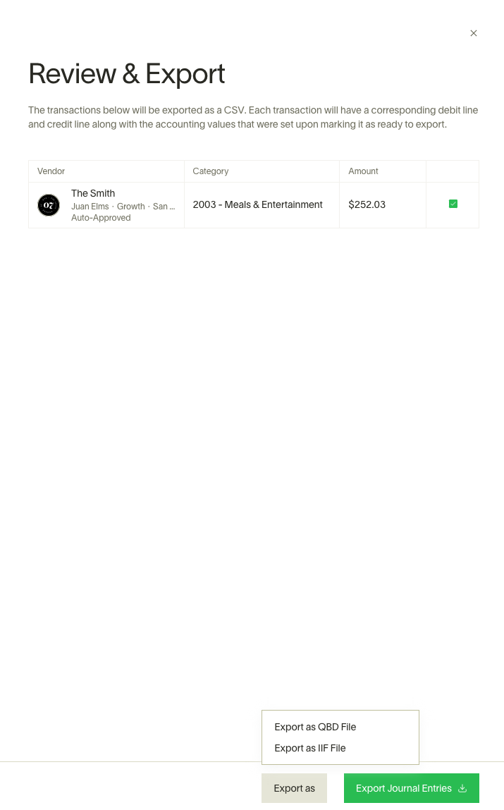 Review & Export section displaying transactions, with options to export as OBD or IIF file.