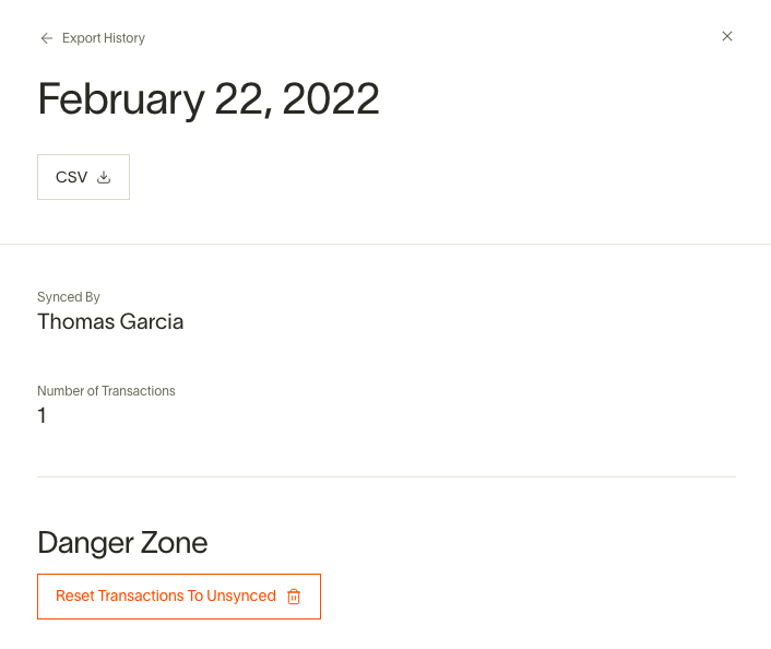 Export history for February 22, 2022, showing transaction details and option to reset transactions to unsynced.