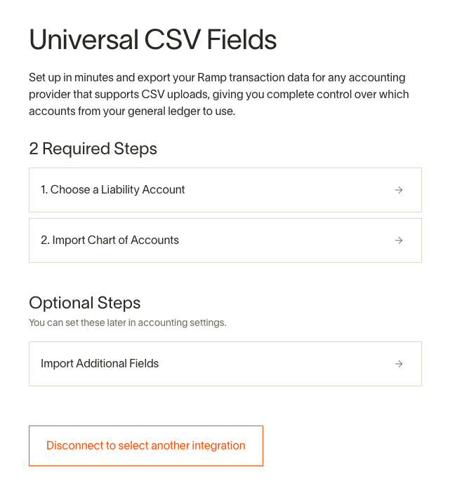 Universal CSV Fields page with required steps to choose a liability account and import a chart of accounts.