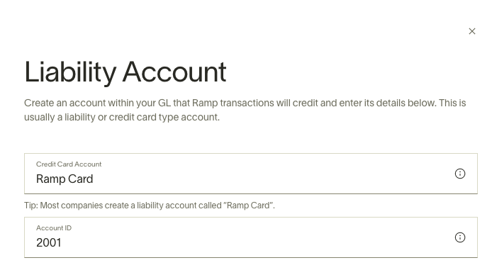 Liability Account setup with fields for Credit Card Account and Account ID.