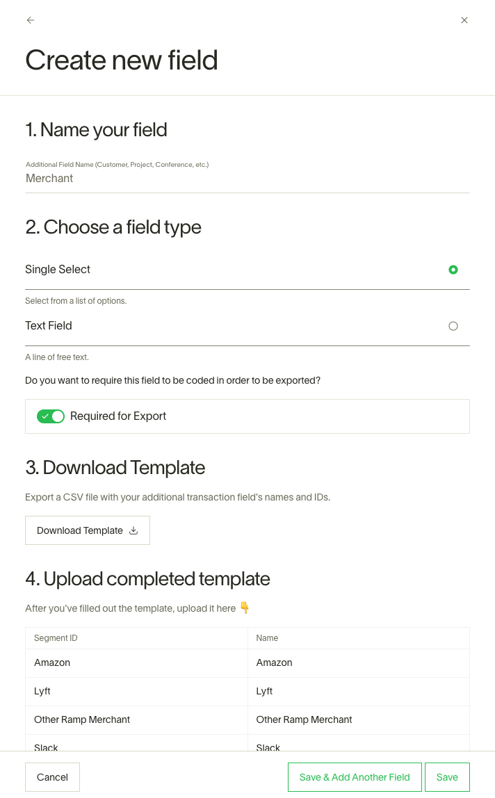 Create new field form allowing users to enter a field name, choose a type, download a template, and upload it.