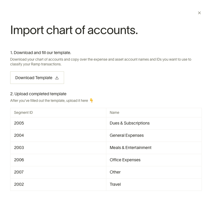 Instructions for importing a chart of accounts, including downloadable template and upload step with segment IDs.