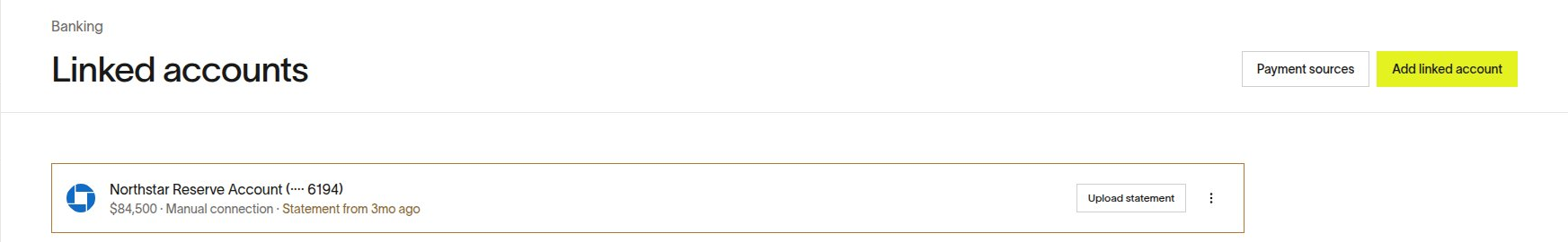 Linked accounts page showing a bank account requiring statement upload
