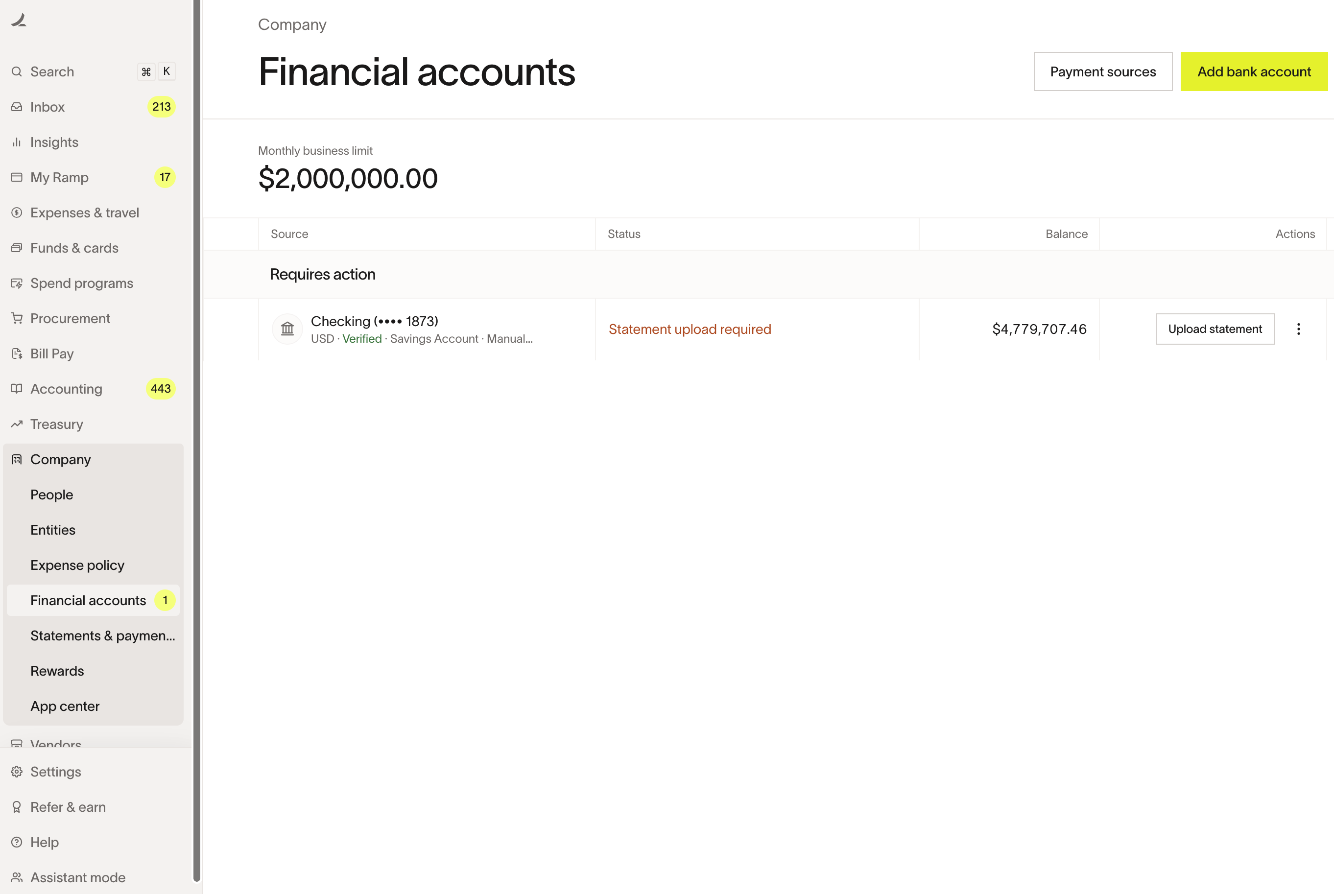 Financial accounts page showing a bank account requiring statement upload