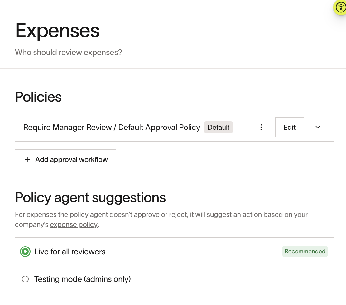 Expenses page showing policy settings and options for manager review and policy agent suggestions.