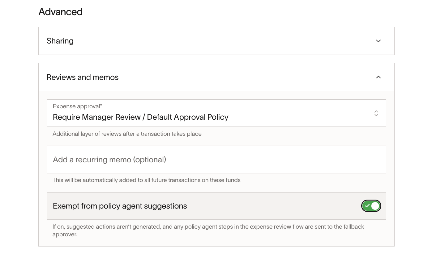 Advanced settings for expense approval, including memo options and exemption from policy agent suggestions.