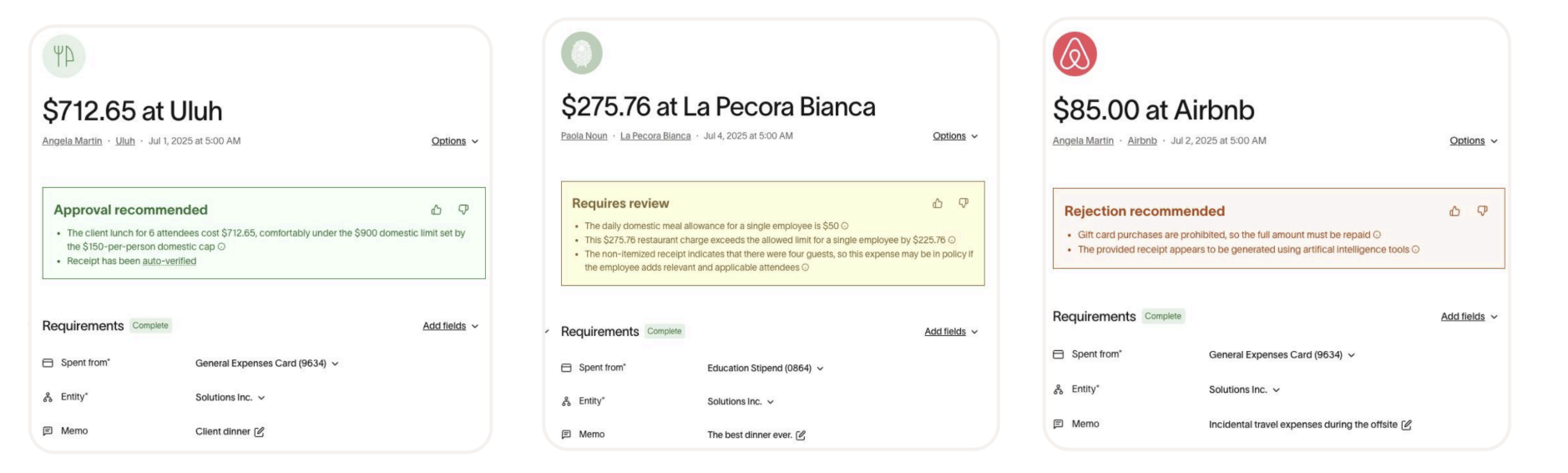 Three expense entries showing statuses: approval recommended for U-Haul, requires review for La Peccora Bianca, and reject...