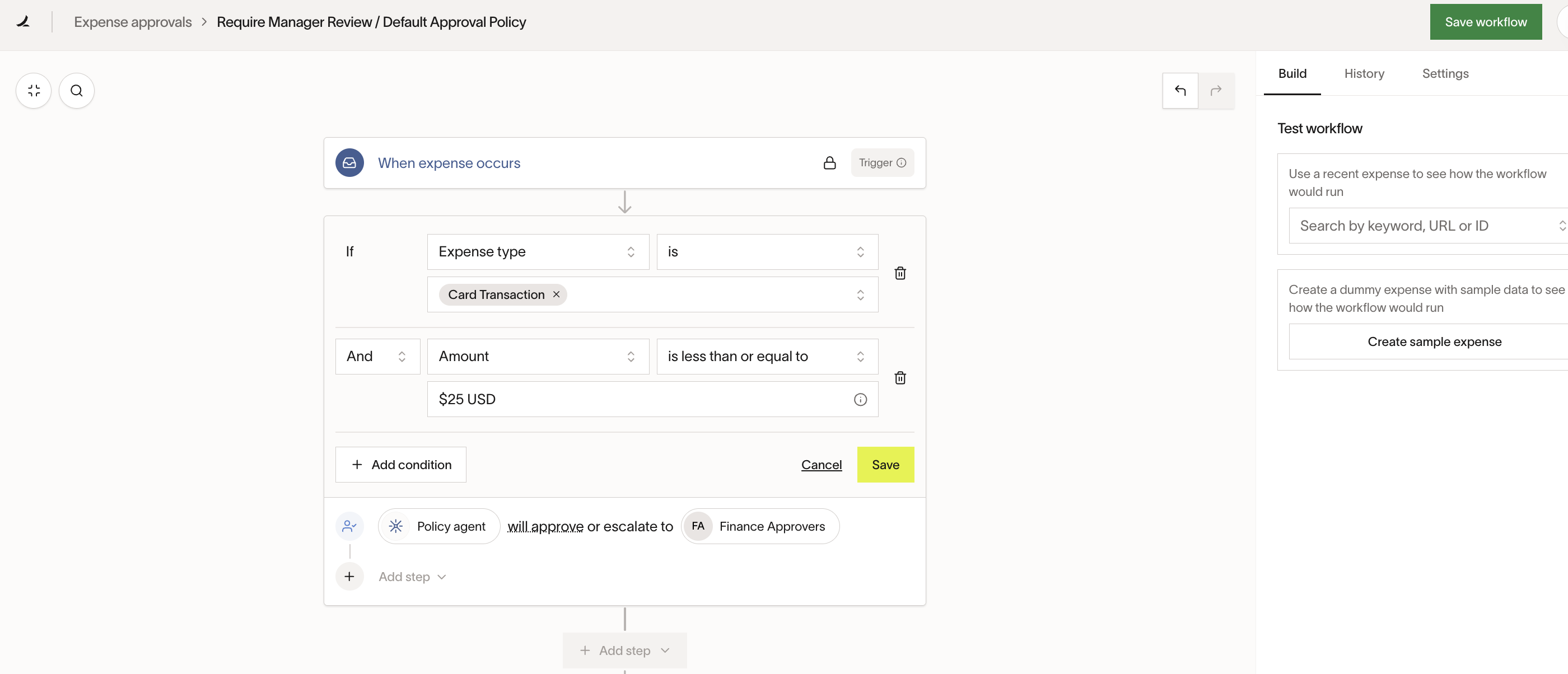 Workflow settings on the Expense approvals page, configuring conditions for auto-approval based on expense type and amount.