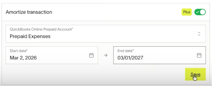 Amortization setup showing start date, end date, and prepaid asset account fields