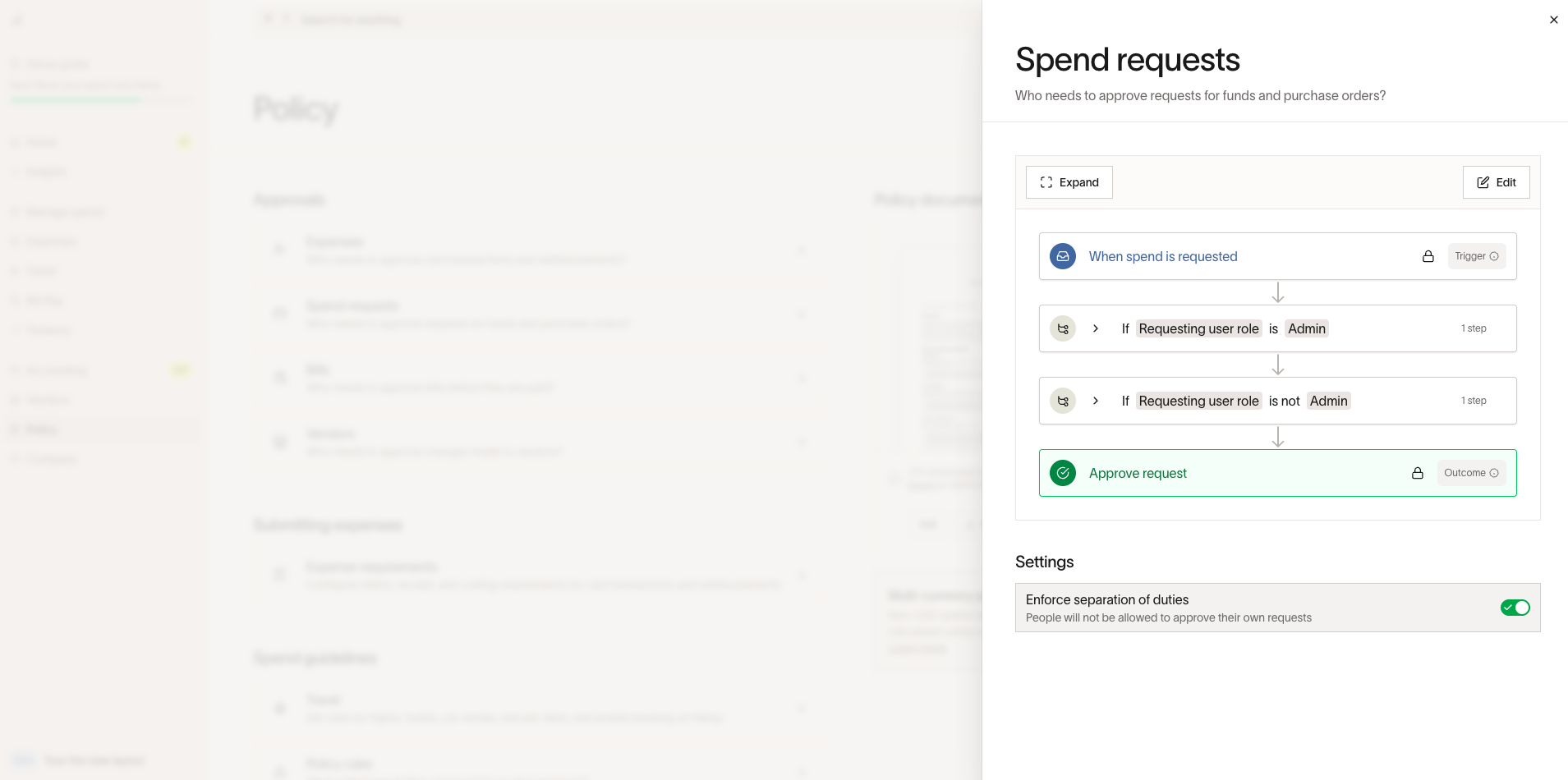 Admin self-approval policy settings
