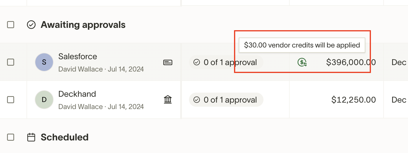 Vendor credits are displayed, showing $30.00 will be applied for Salesforce approval.