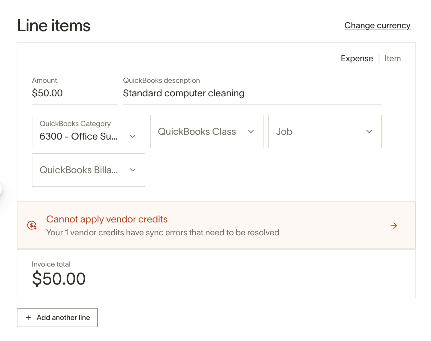 Line items section displaying an expense for $50 with a warning about unresolved vendor credit sync errors.