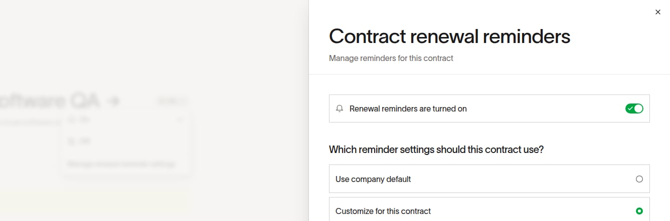 Contract renewal reminders settings with company default and contract-specific options
