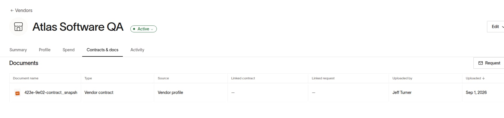 Vendor profile Documents section with an uploaded contract and request control