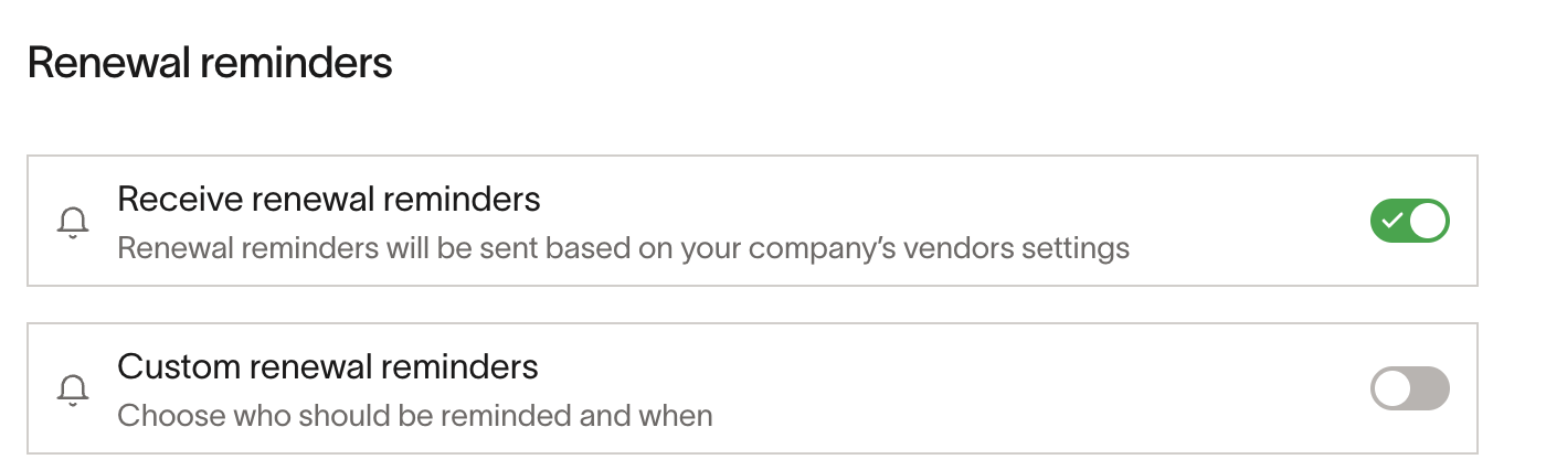 Contract renewal reminders settings with standard and custom reminder toggles