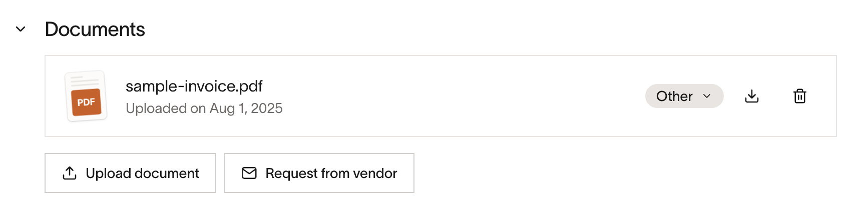 Vendor profile Documents section with uploaded PDF and upload/request buttons