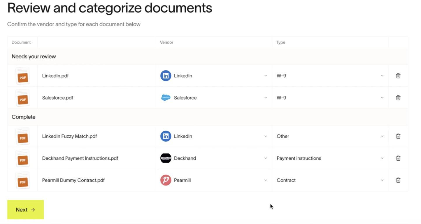 Review and categorize documents page showing vendor and type matching