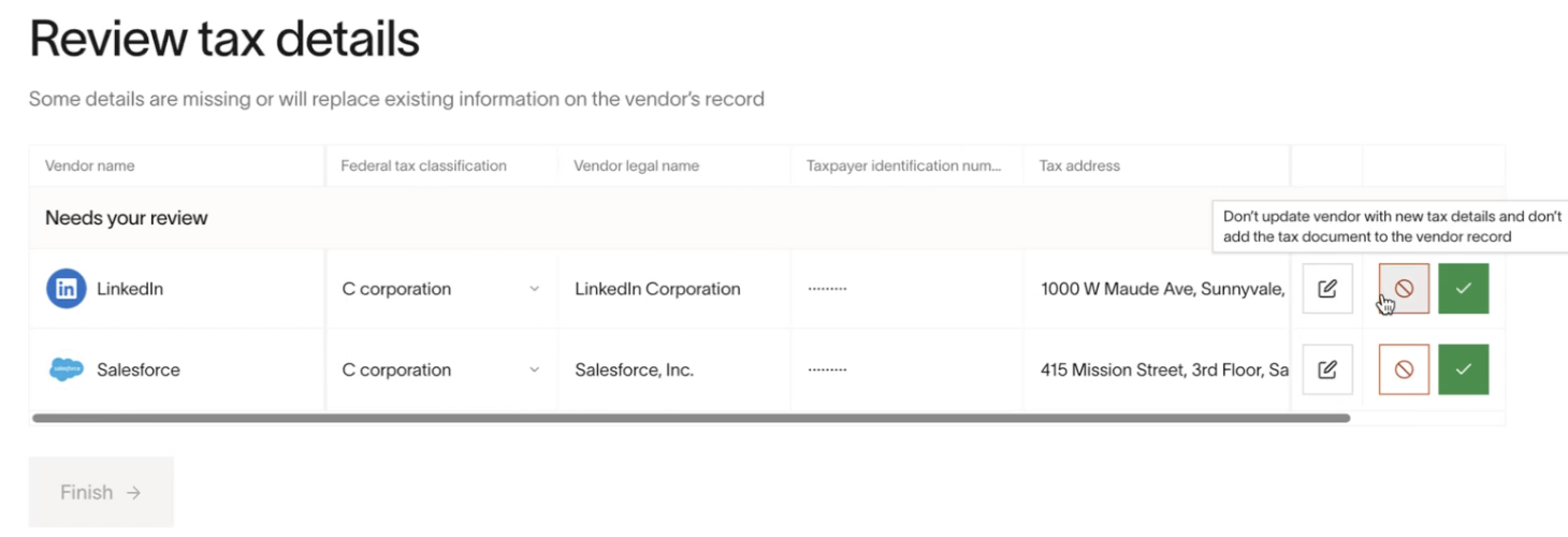 Review tax details page showing parsed W-9 information for vendors