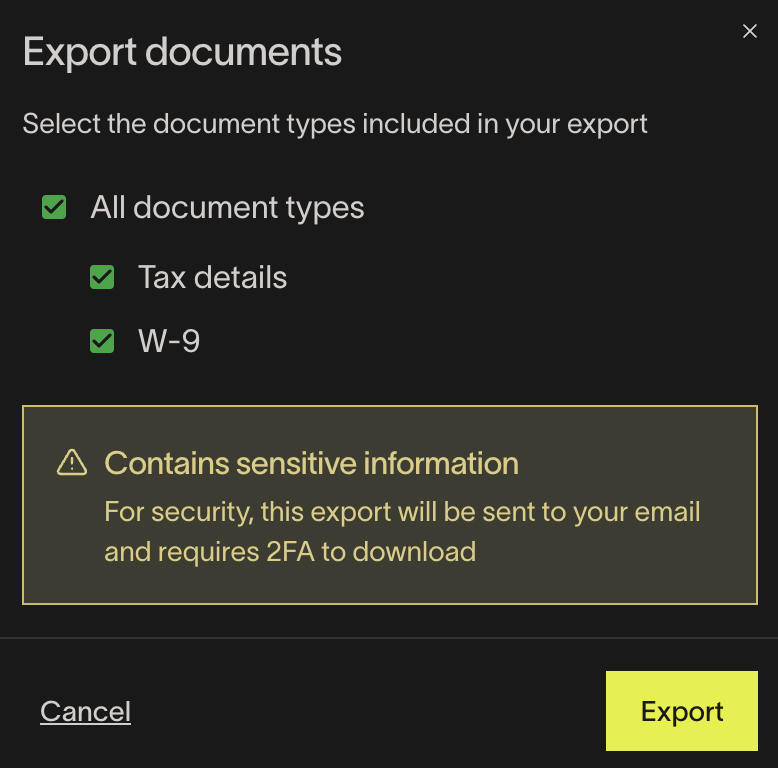 Export documents dialog with document type selection and security warning