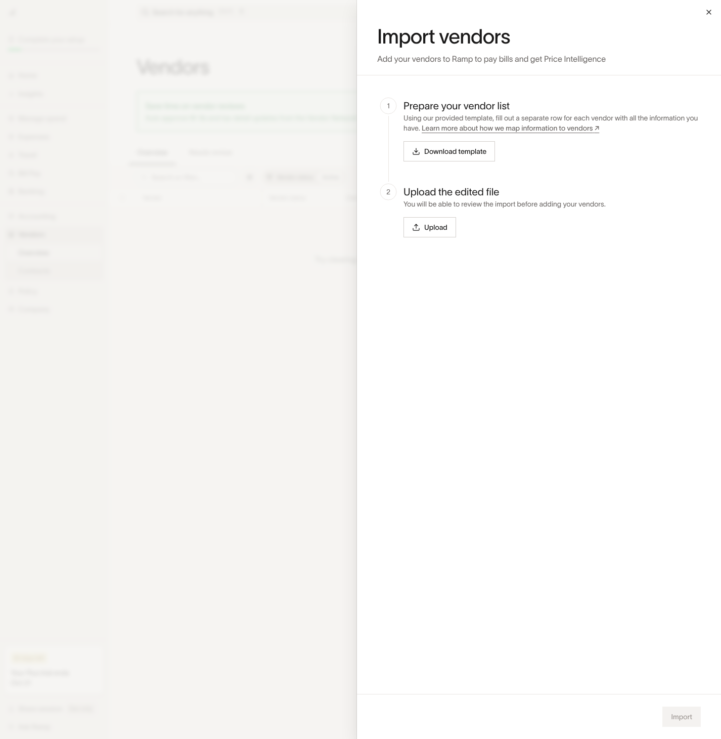 Import vendors drawer with Download template and Upload controls