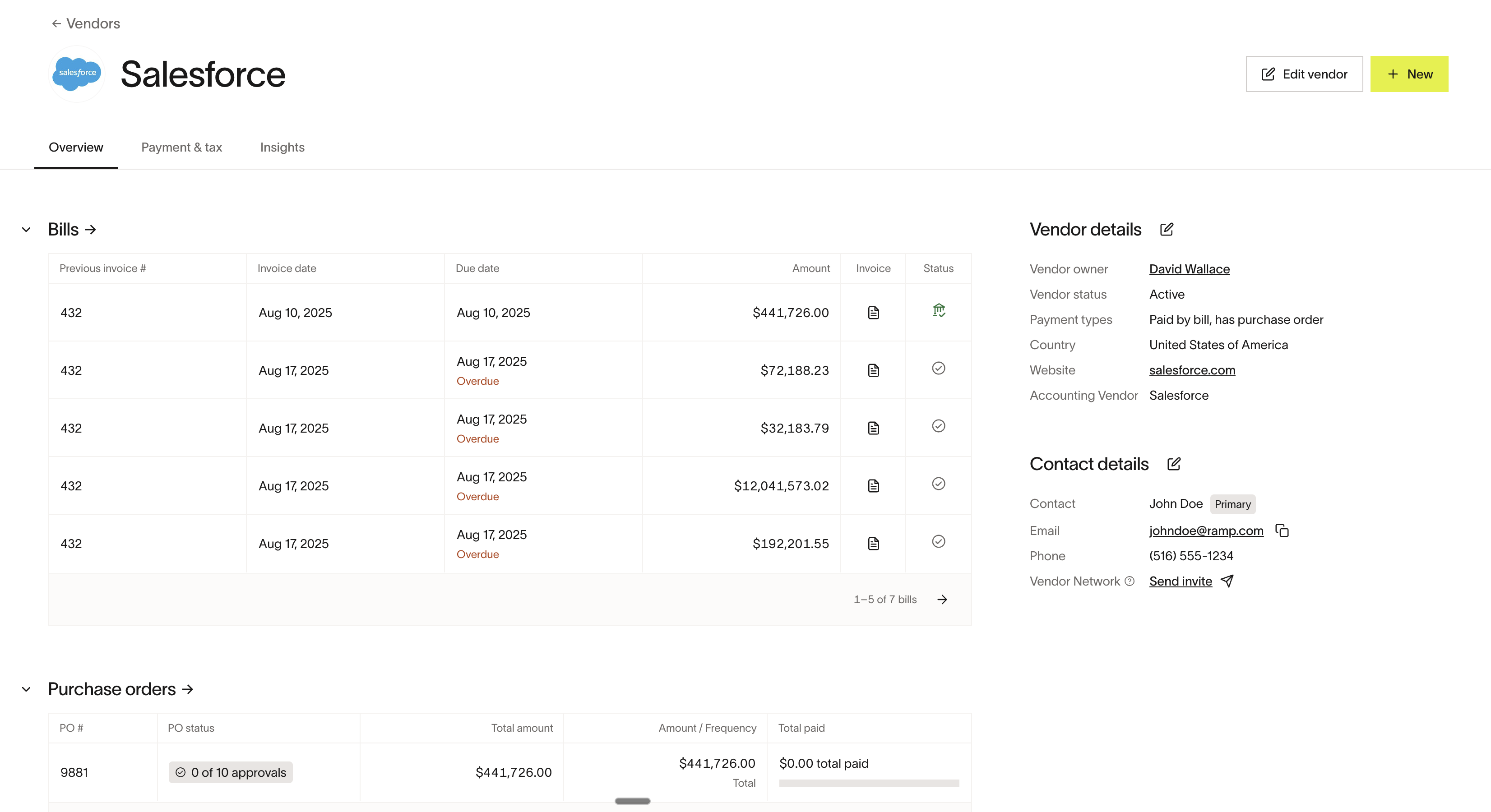 Vendor profile for Salesforce showing bills, purchase orders, and vendor details