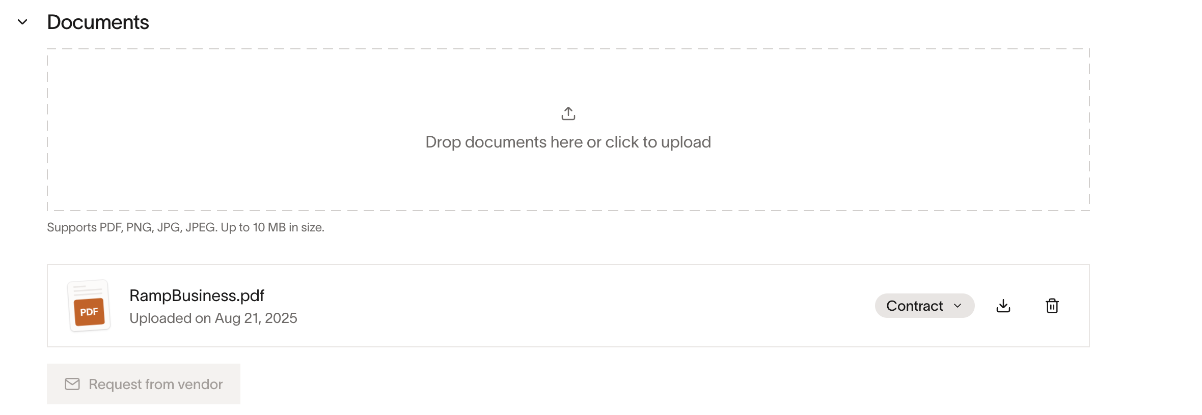 Vendor profile Documents section with upload area and uploaded contract file
