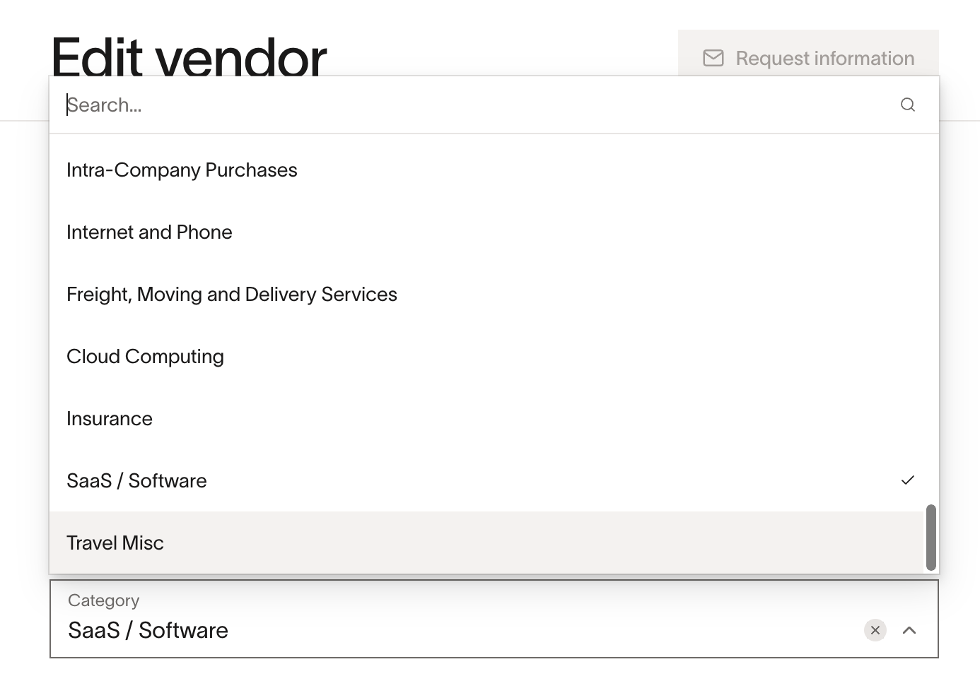 Edit vendor page showing Ramp category dropdown with options like SaaS/Software