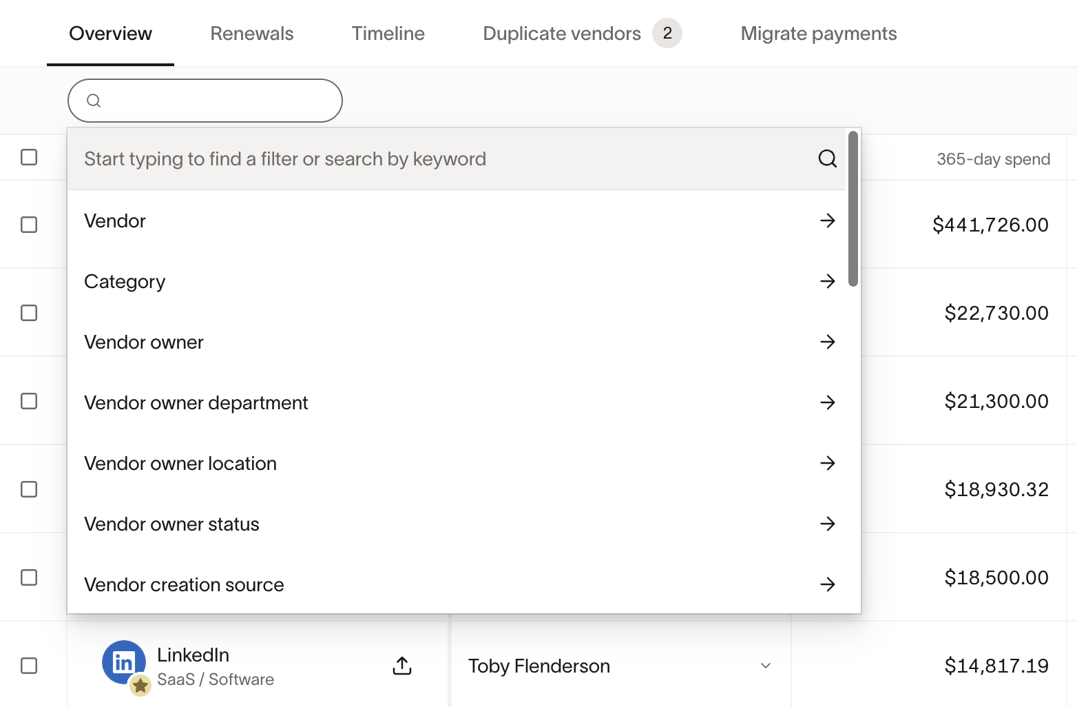 Vendor table filter dropdown with options like Vendor, Category, and Owner