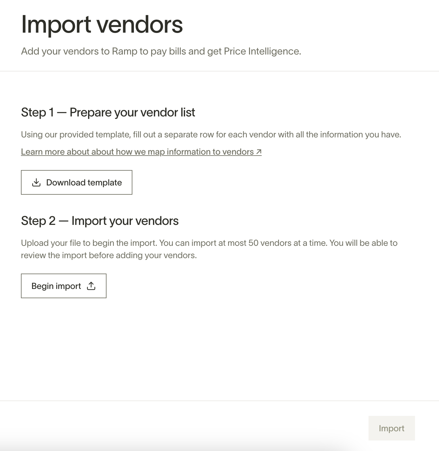 Import vendors page with download template and begin import steps