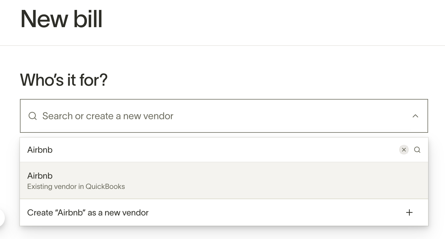 New bill vendor search matching existing ERP vendor with option to create new