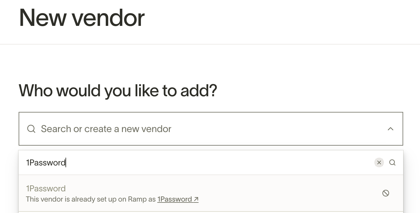 New vendor search showing duplicate prevention with link to existing vendor