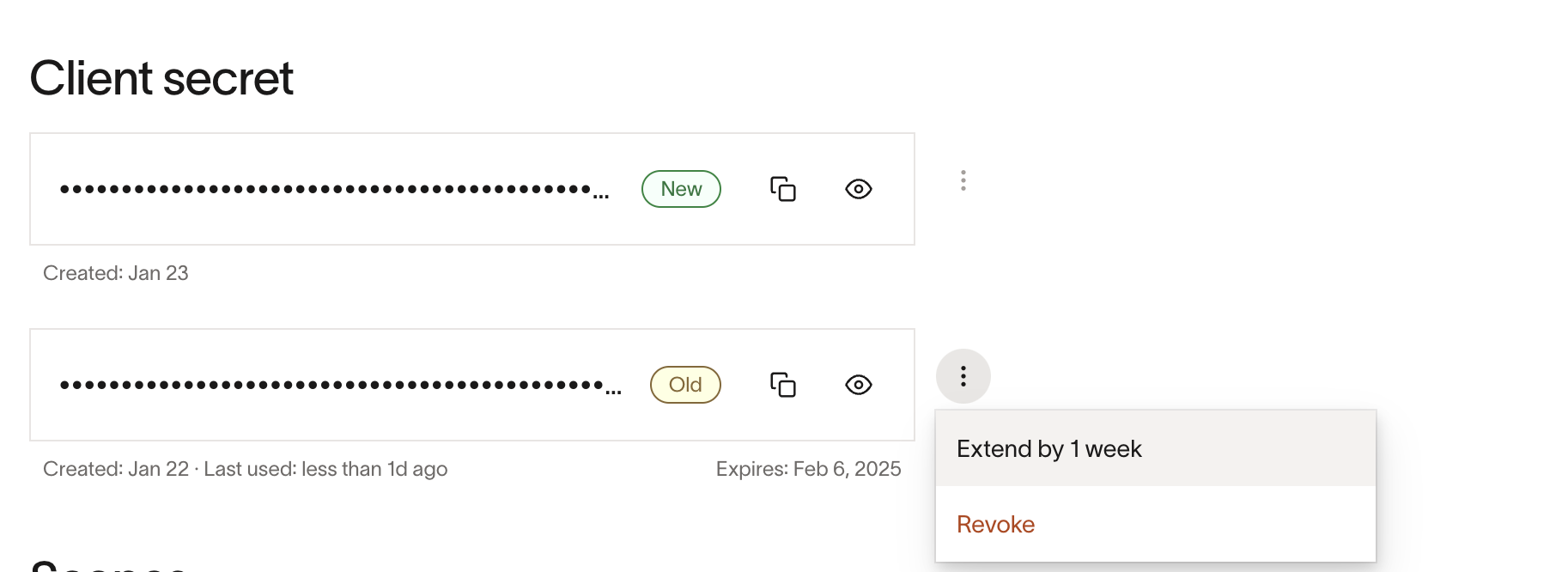 Client secret management section showing options to extend or revoke an old secret.
